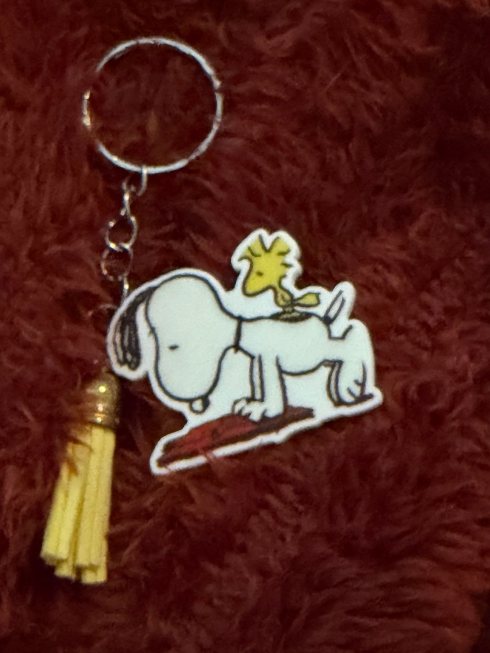 Snoopy & Woodstock Yellow Tassel Keychain - Peanuts Inspired Pet Bird Charm
